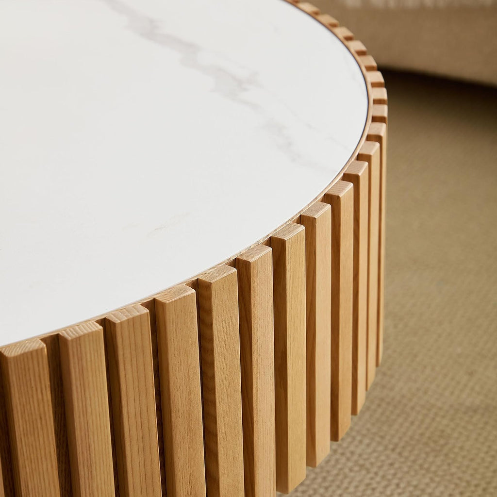 35.43'' Round Coffee Table with Faux Marble Tabletop, Modern Drum Center Coffee Tables Luxury Circle Coffee Table for Bedroom,Apartment,Living Room-Natural