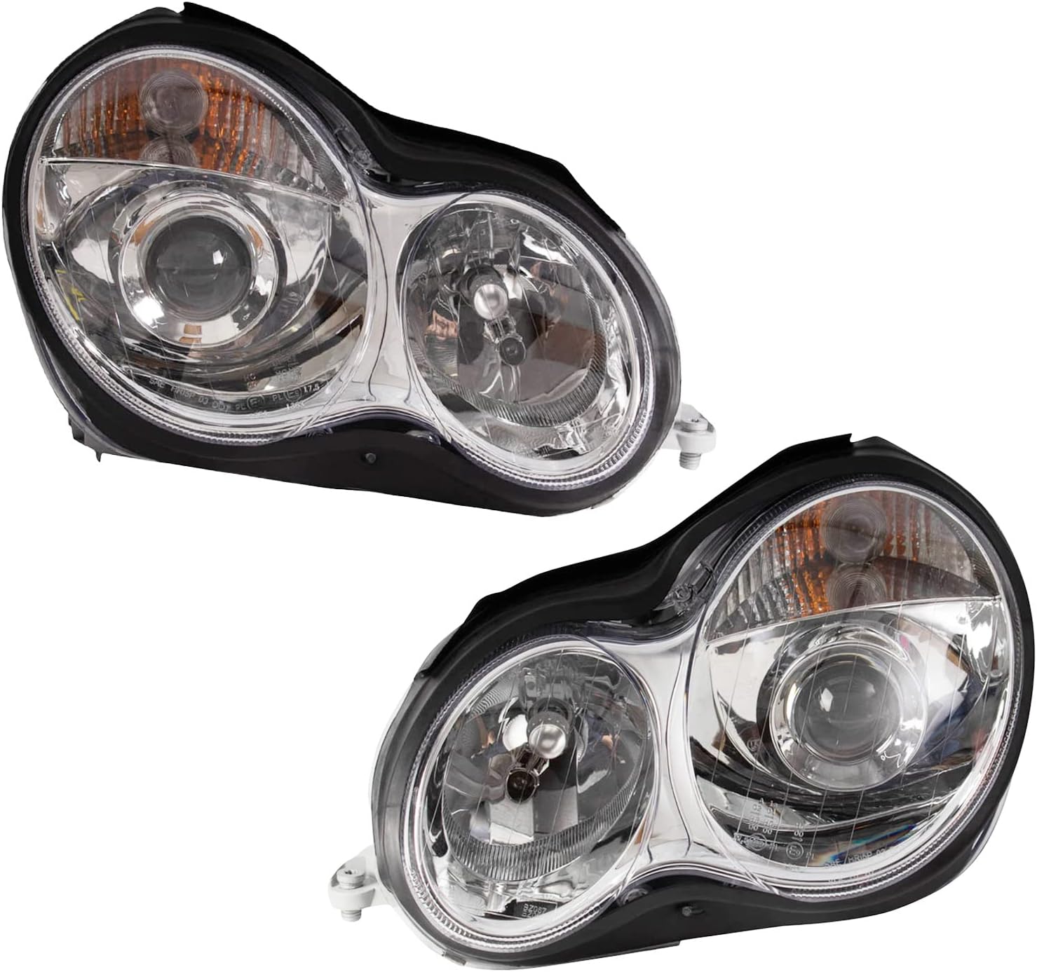 TRQ Performance Driver and Passenger Side Headlight Assembly Set Chrome Housing Compatible with 01-05 Mercedes Benz C240 C320 05-07 Mercedes Benz C230 Halogen Only