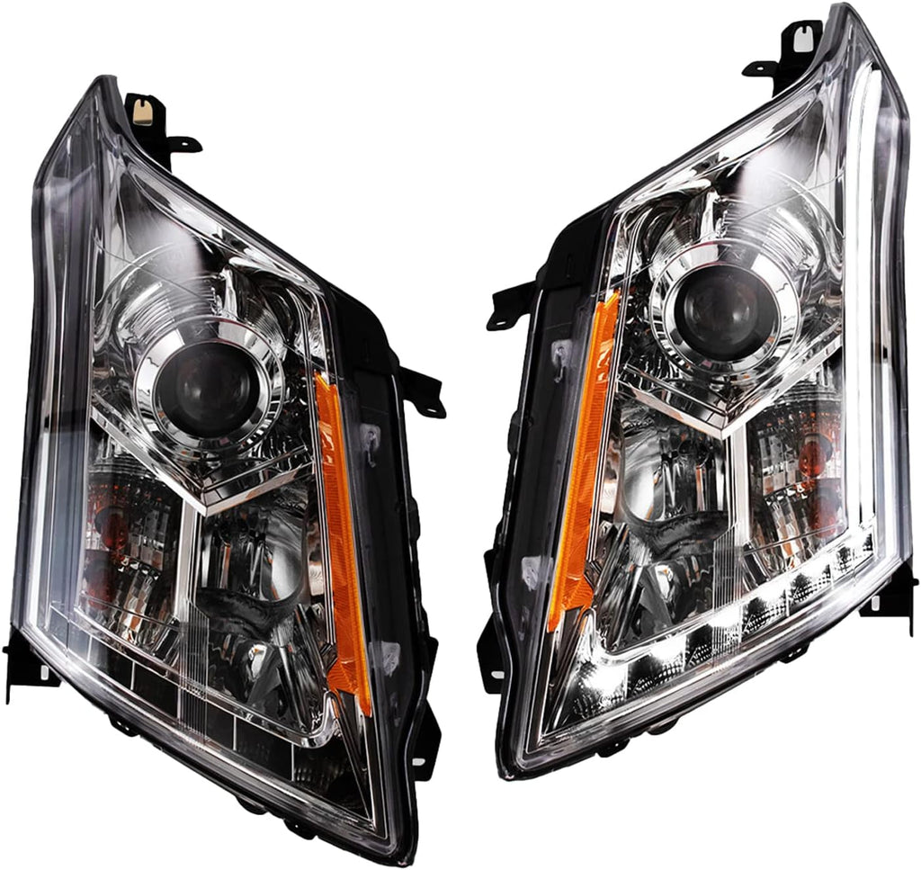 TRQ 2 Piece Headlight Assembly Set Performance Halogen LED Light Bar Chrome Bezel Driver & Passenger Side Compatible with Cadillac SRX 2010-2016 GM2502345 GM2503345 22853872 22853873