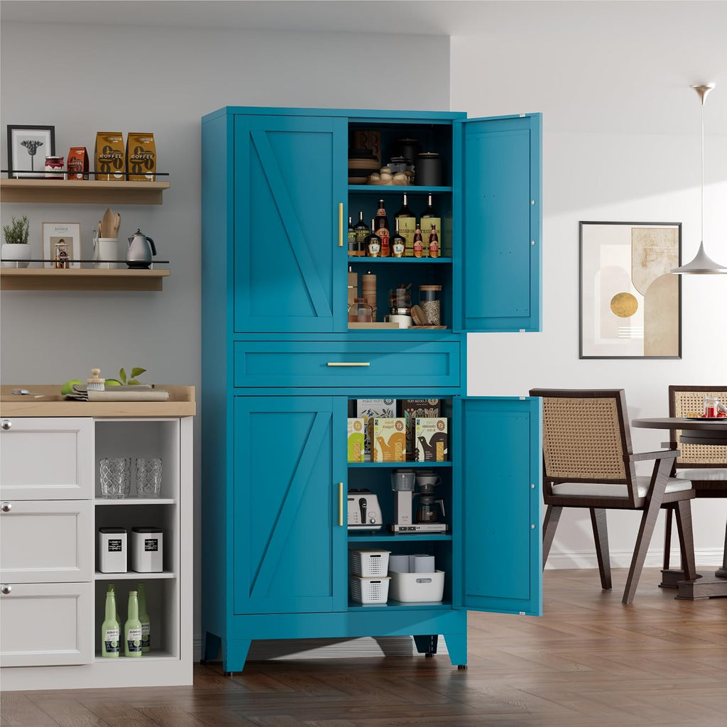 71' Tall Farmhouse Pantry Cabinet,Metal Cabinet with Adjustable Shelves and Doors,Storage Cabinet for Kitchen Garage,Blue 1 Pack