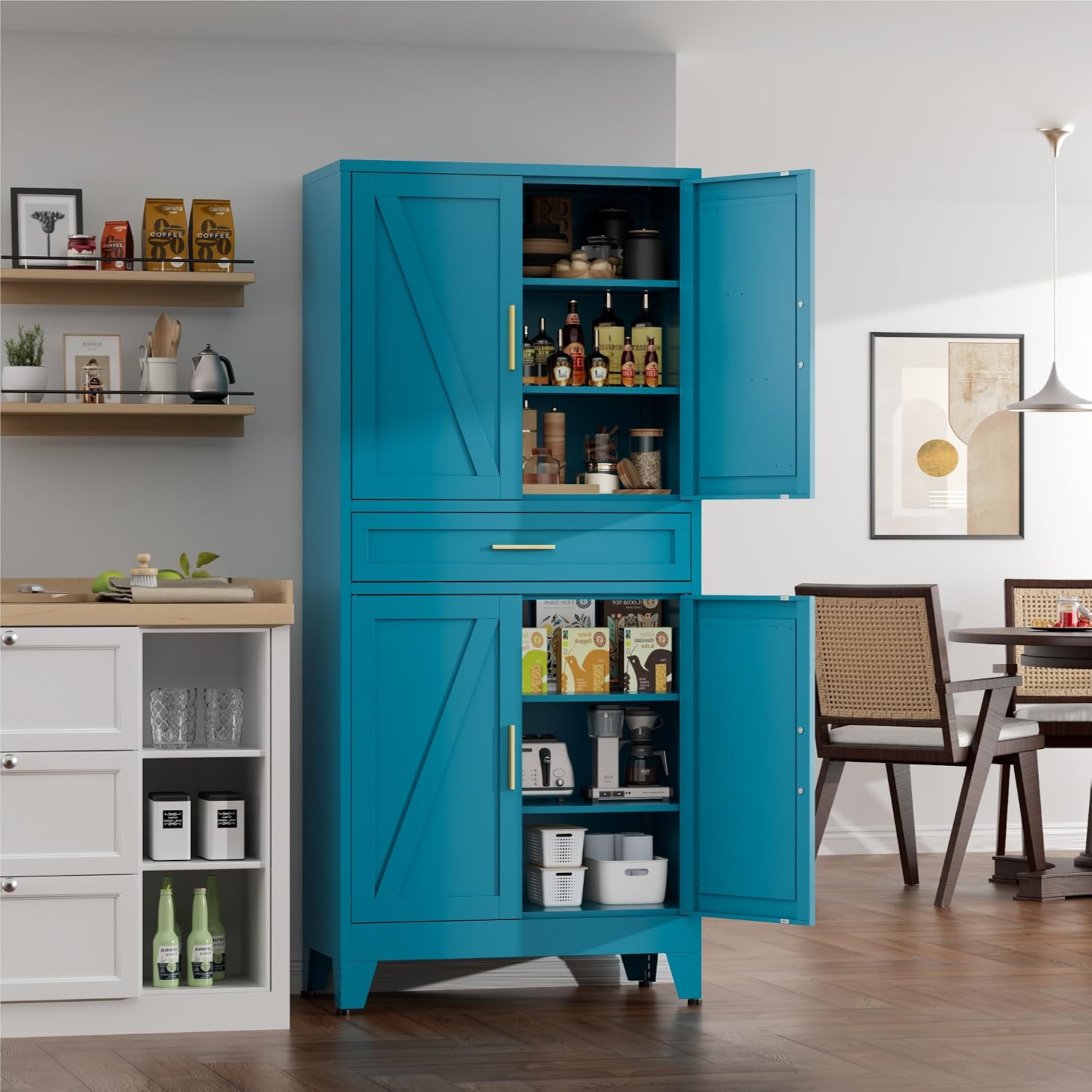 71' Tall Farmhouse Pantry Cabinet,Metal Cabinet with Adjustable Shelves and Doors,Storage Cabinet for Kitchen Garage,Blue 1 Pack