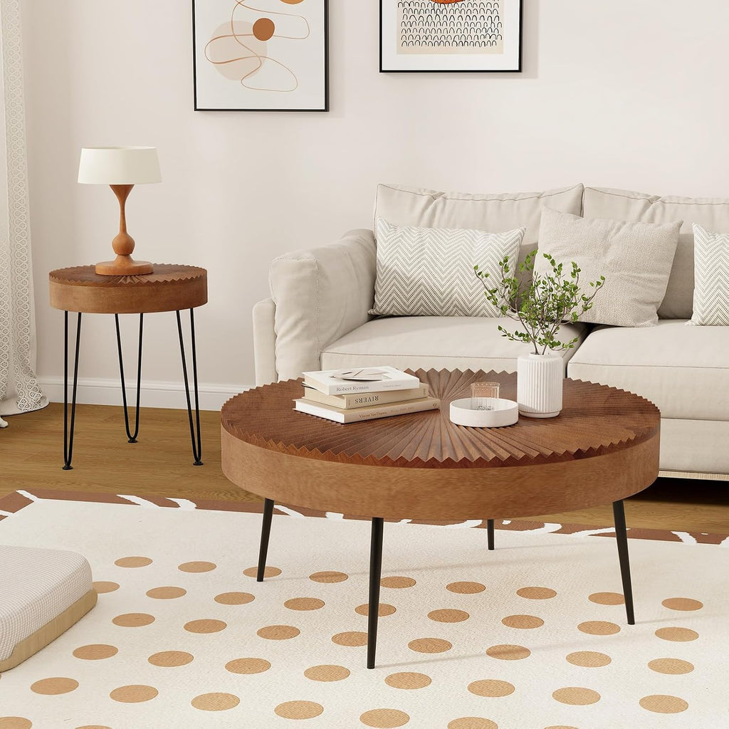 COSTWAY Farmhouse Round Coffee Table Set of 2, Rustic Sofa Side Tea Tables w/Wood Finish, Metal Frame, Adjustable Foot Pads, Nesting End Table Set for Living Room, Bedroom (Radial Pattern, Brown)