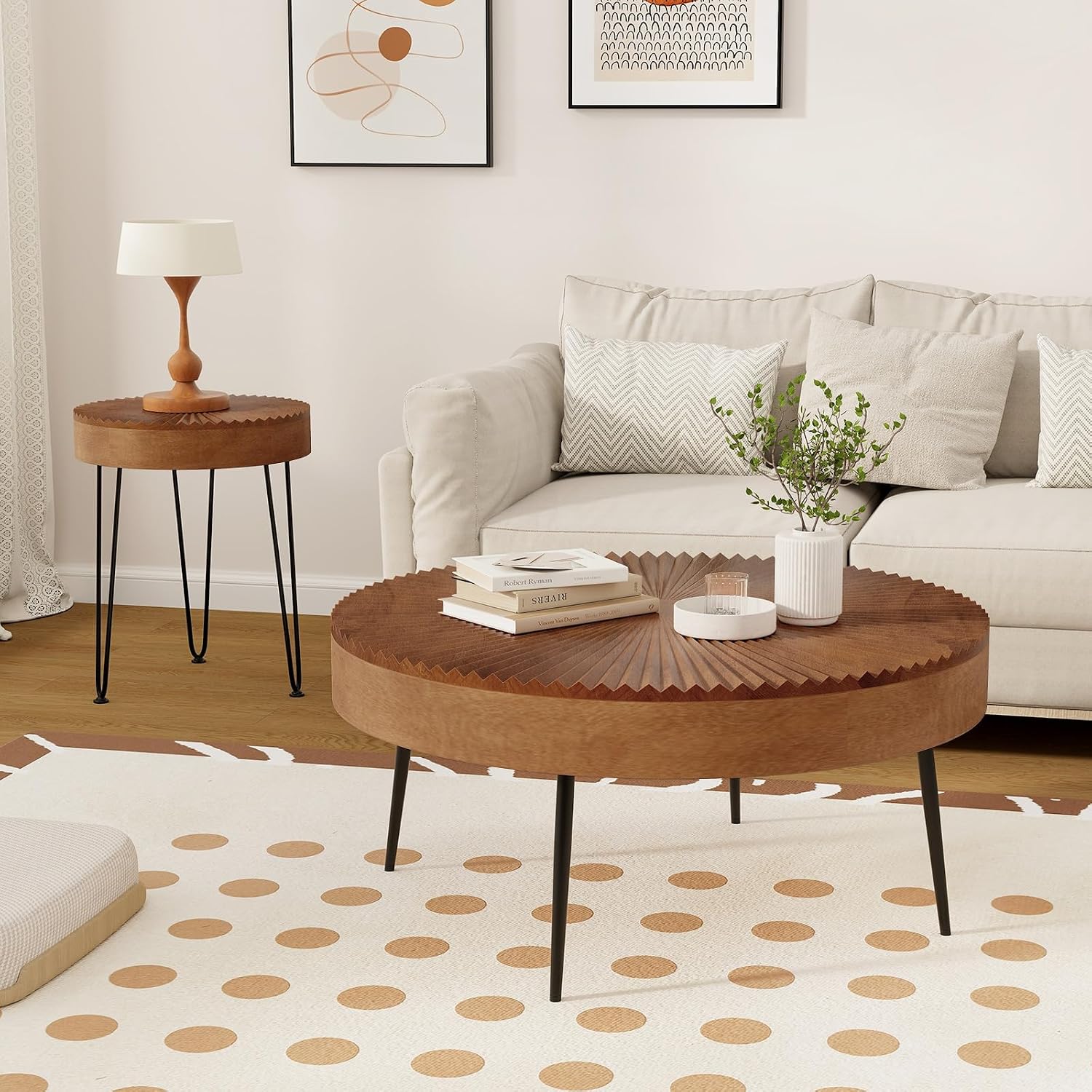 COSTWAY Farmhouse Round Coffee Table Set of 2, Rustic Sofa Side Tea Tables w/Wood Finish, Metal Frame, Adjustable Foot Pads, Nesting End Table Set for Living Room, Bedroom (Radial Pattern, Brown)