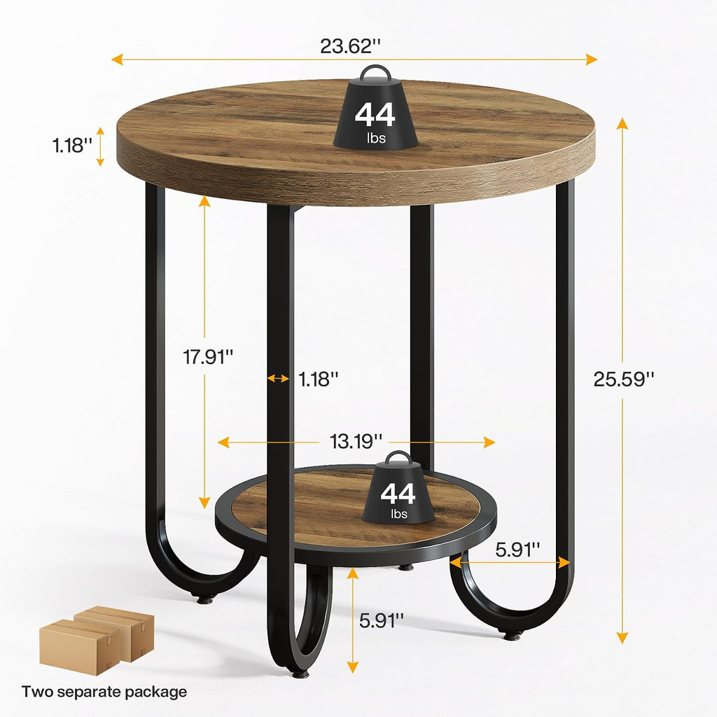 Tribesigns Round End Table with 2-Tier Storage Shelf, Industrial Side Table with Curved Metal Legs, Wood-Grain Accent Coffee Side Stand, Small Nightstand for Living Room, Bedroom, Office, 2PCS