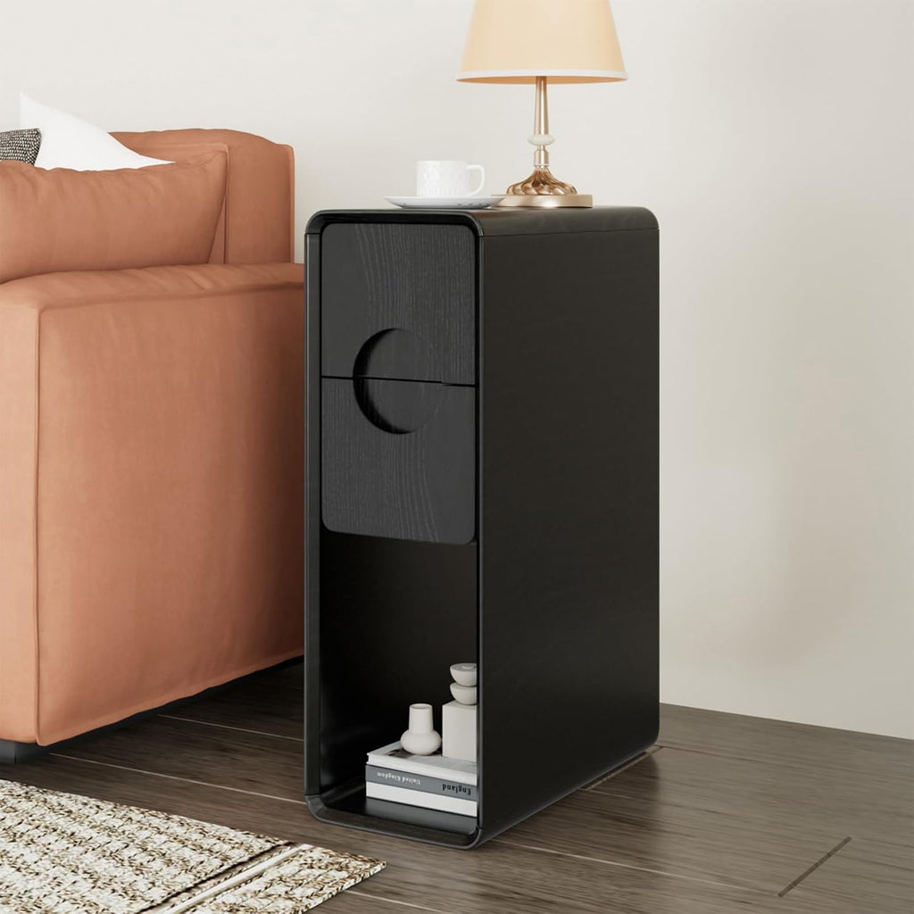 Black Small Nightstand Set of 2, Narrow Bedside Table with Circular Drawer, Skinny Side End Table, Wood Nightstand, Mid Century Modern Night Stand for Bedroom, Small Spaces, Slim, Wooden