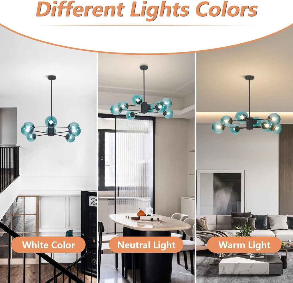 Glass Globe Chandelier Mid Century Modern Pendant Lights Black Ceiling Hanging Light Fixture with Blue Glass Shade Sputnik Chandeliers for Kitchen Island Living Dining Bedroom (Blue)