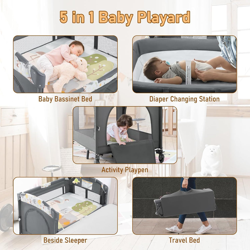 Jaoul 5 in 1 Baby Crib, Bassinet Beside Sleeper, Pack and Play with Bassinet and Changing Table Portable Travel Baby Playpen with Toys & Music Box, Mattress for Girl Boy Infant Newborn