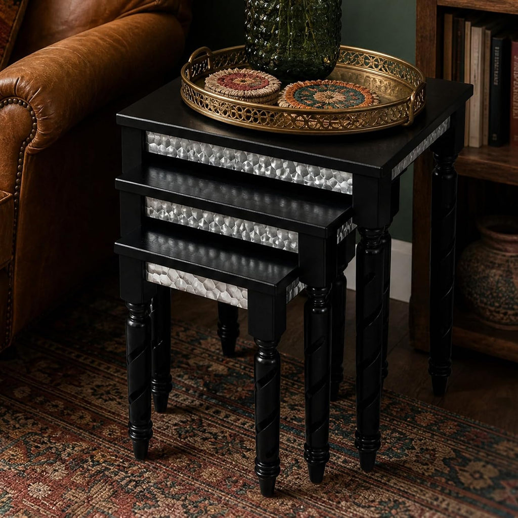 Hyfirm Black Nesting Tables Set of 3 - Mid Century Modern Accent End Tables with Durable Veneered Top, Spiral Wood Legs & Hexagonal Silver Apron, Ideal for Living Room, Bedroom & Small Apartments