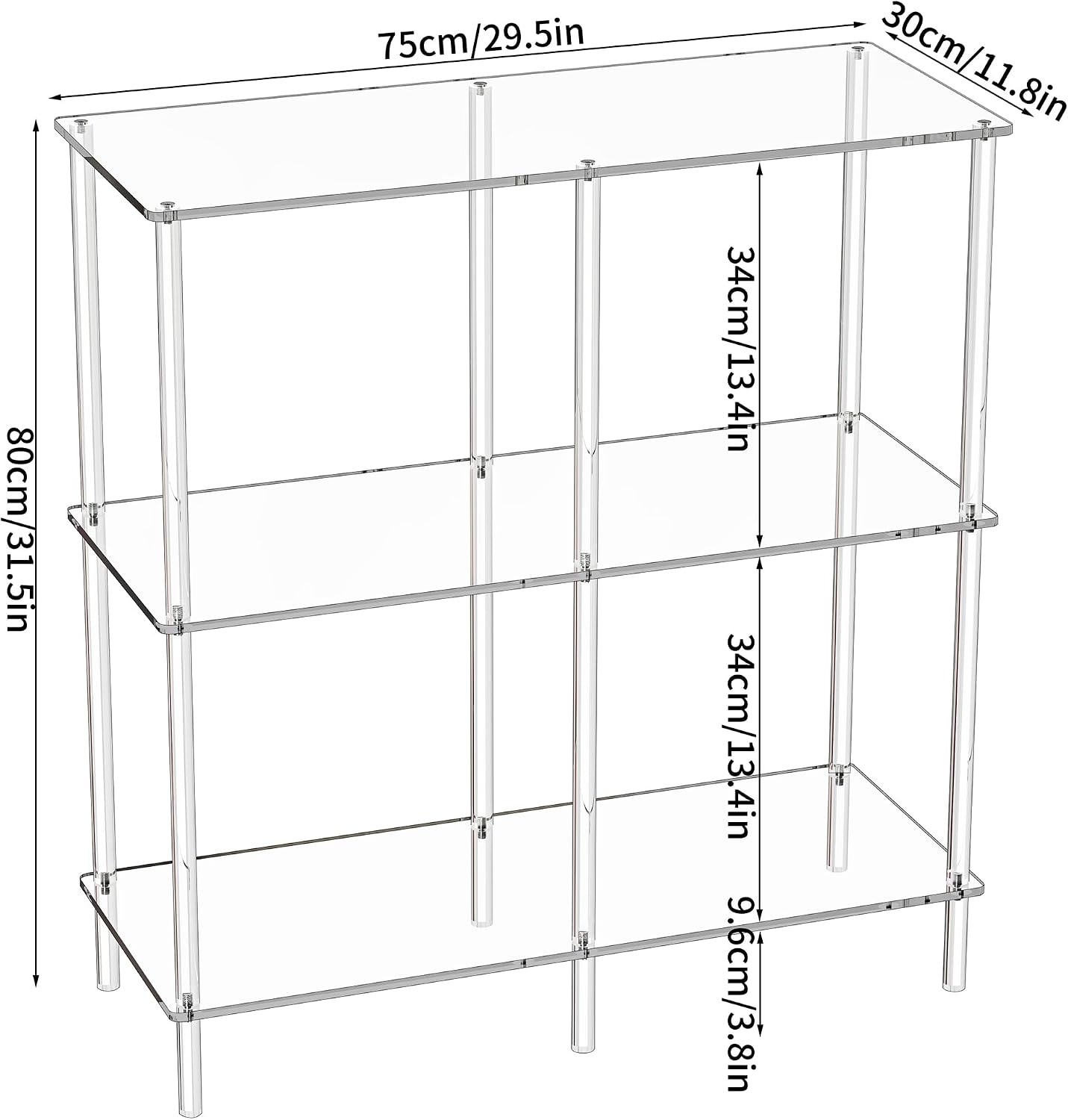 Acrylic Side Table Clear 3-Tier End Table for Living Room, Office, Hallway, Bedroom Small Bedside Table (8mm 31.7' high)