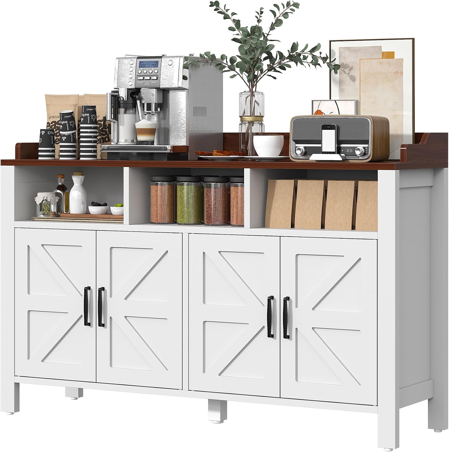 VVFLU Buffet Cabinet with Storage Farmhouse with 4 Doors and 3 Open Compartments, 55'' Large Kitchen Storage Cabinet White Wood Coffee Bar Buffet Sideboard for Kitchen, Dining Room, Living Room