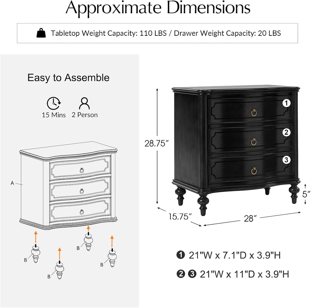 HULALA HOME Traditional Side Table with 3 Drawers, Tall Side Table with Curved Front Profle Desgin, Charging Station, Solid Wood Legs, Black