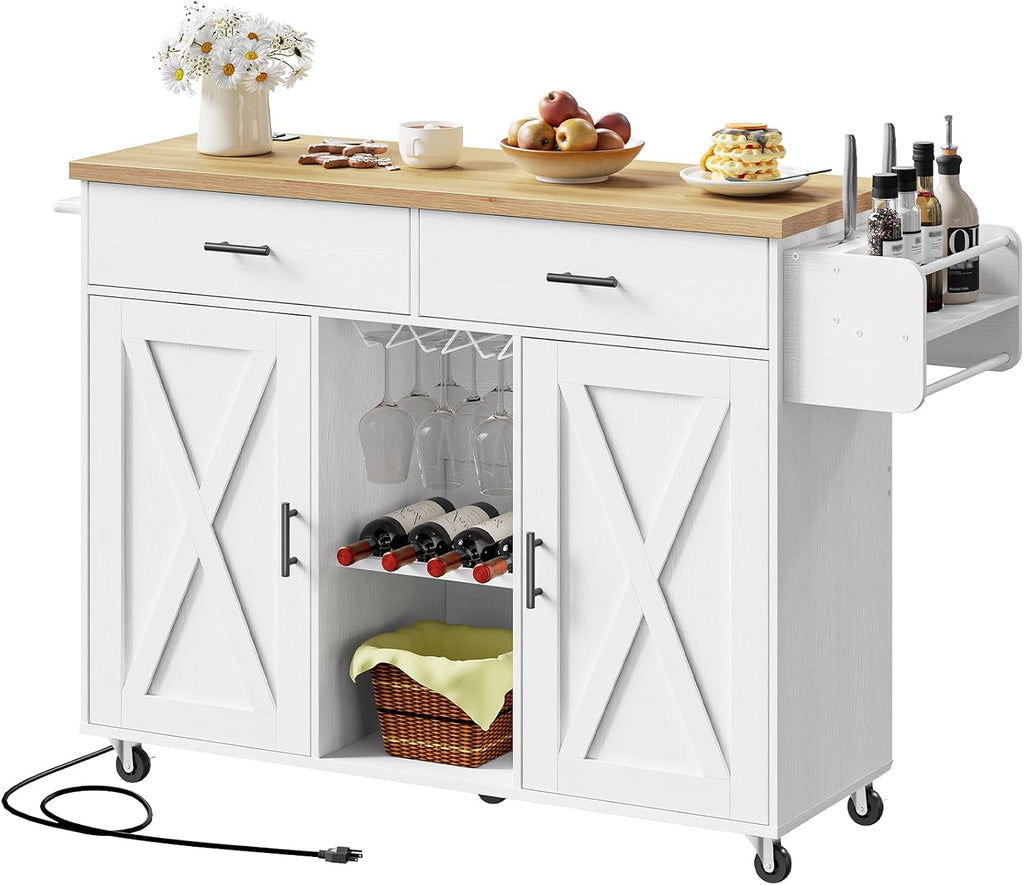 HOOBRO Kitchen Island with Power Outlet, Rolling Kitchen Island on Wheels, Island Table with Storage Cabinet, 2 Drawers, Spice Rack and Towel Rack, White and Natural WN14UZD01