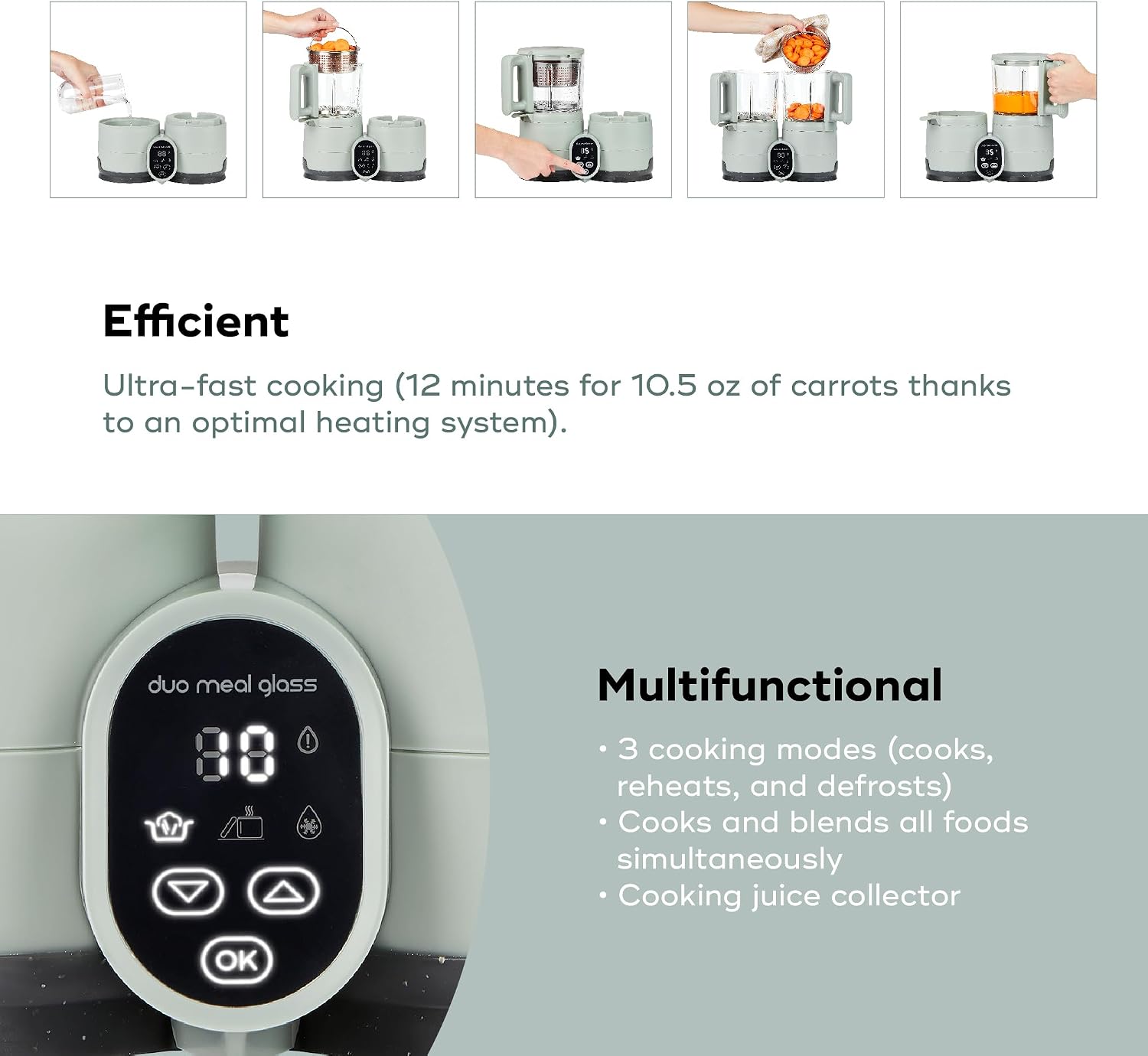 Babymoov Duo Meal Glass Baby Food Maker, Celadon Green – 4-in-1 Steamer, Blender, Defroster, and Heater with Programmable Timer, Large Capacity, Glass Bowls, Dishwasher Safe