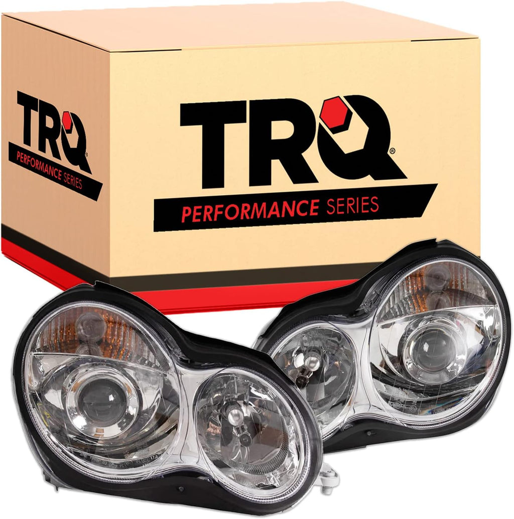 TRQ Performance Driver and Passenger Side Headlight Assembly Set Chrome Housing Compatible with 01-05 Mercedes Benz C240 C320 05-07 Mercedes Benz C230 Halogen Only