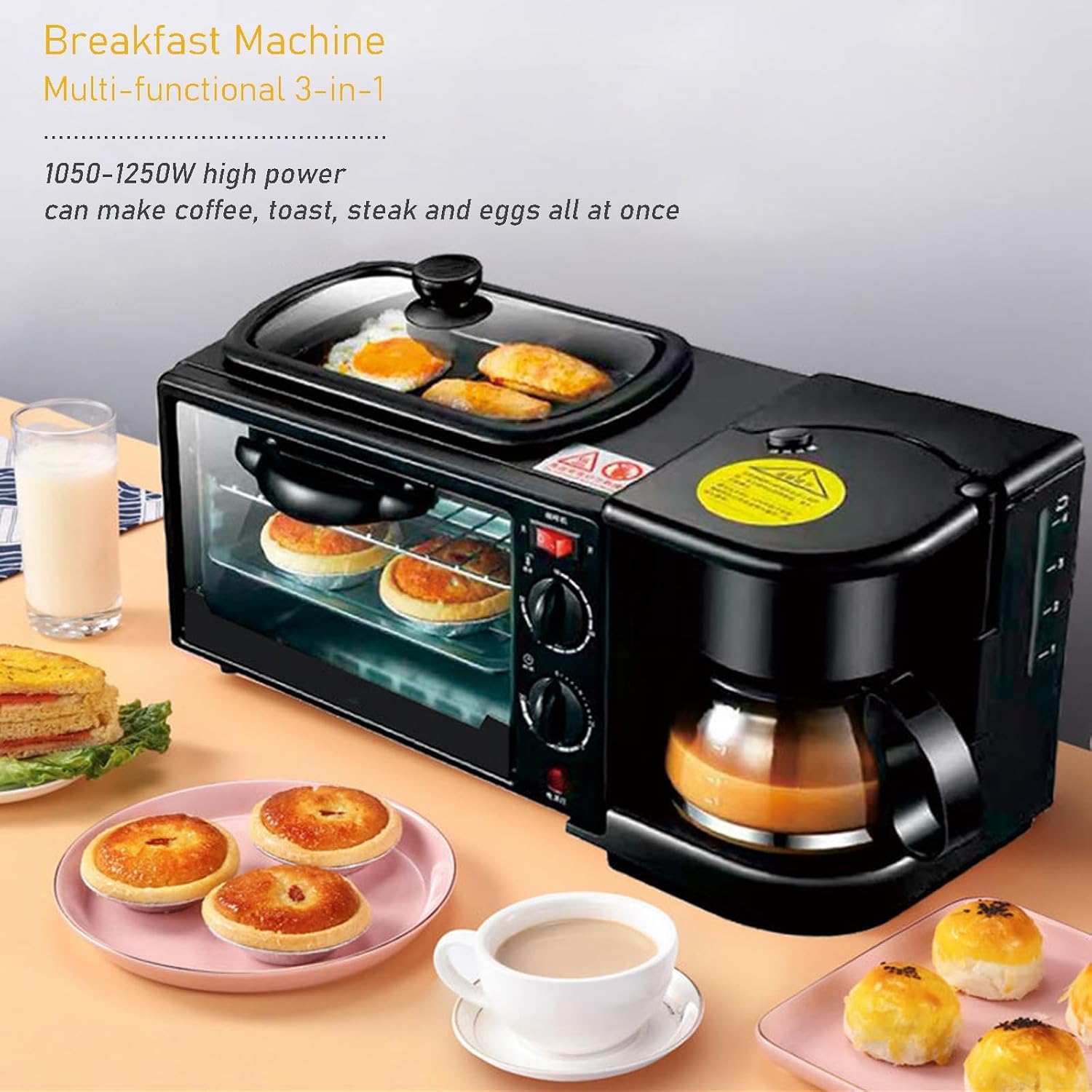 3 in 1 Breakfast Station with Coffee Maker, 1250W Electric Breakfast Maker 9L Non Stick Bread Toaster Oven with Frying Pan, Multi-Function Sandwich Maker Griddle Machine for Egg Bacon Sausages