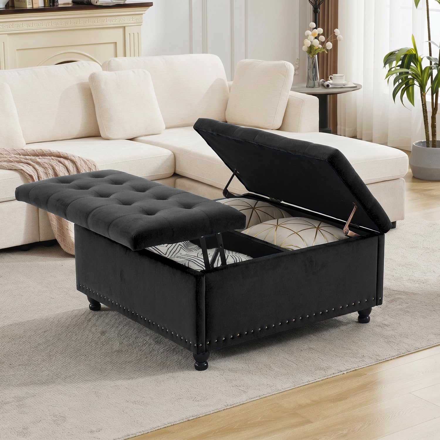 Tbfit Large Square Storage Ottoman Bench, Tufted Upholstered Coffee Table Ottoman with Lift Top & Wooden Legs, Oversized Storage Ottomans Toy Box for Living Room (Black Velvet)