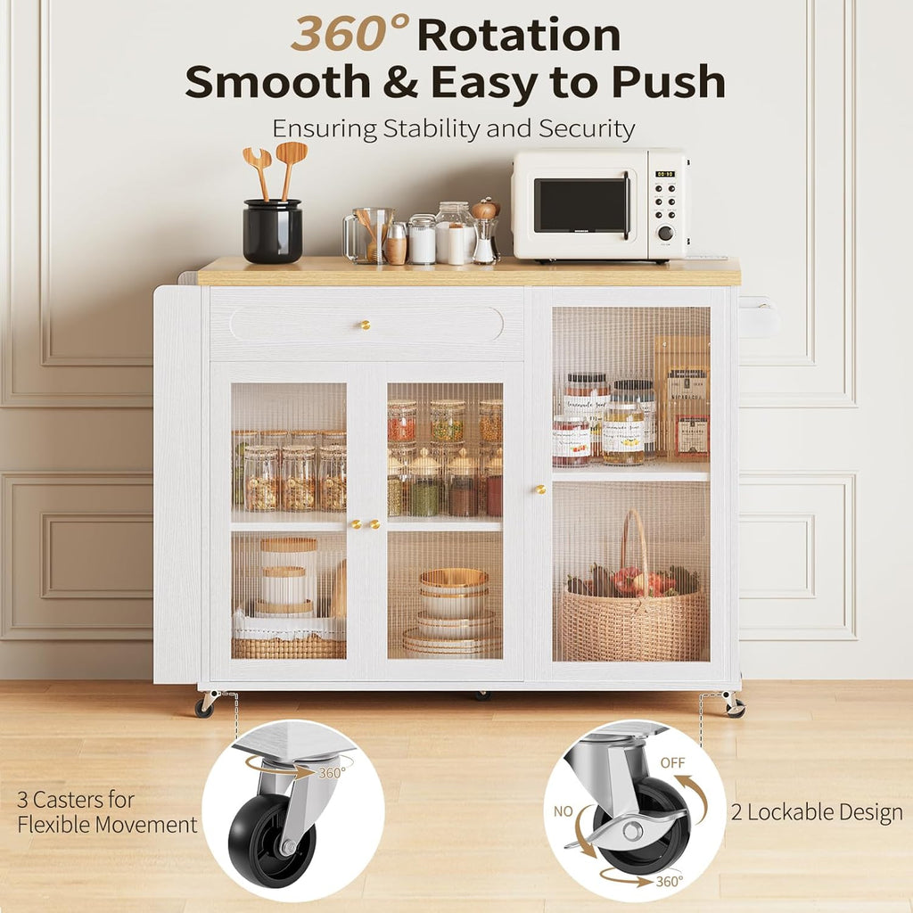 Kitchen Island with Power Outlet - Kitchen Cart on Wheels with Storage Cabinets & Drawers, Rolling Island Table with Spice & Towel Rack, Portable Islands with Large Wood Counter, Dinning Room
