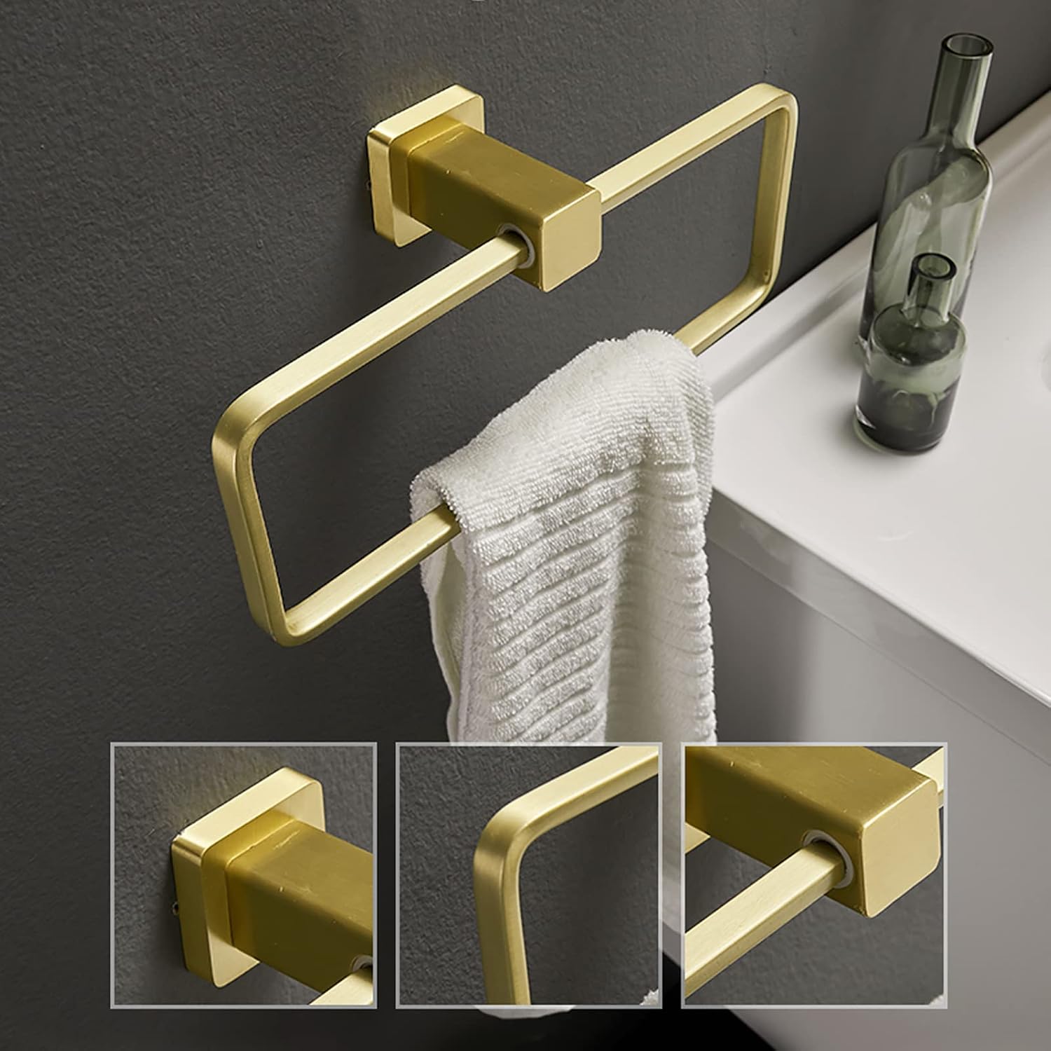 Gold Bath Towel Holder Hand Towel Ring Hanging Towel Hanger Bathroom Accessories Contemporary Hotel Square Style Wall Mount