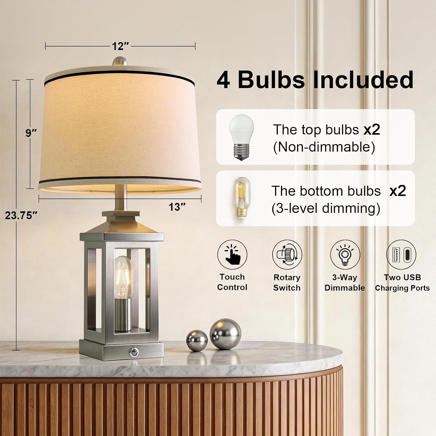 G-SAFAVA 24' Table Lamps for Living Room Bedroom Modern Metal Bedside Lamps Set of 2 Nightstand Lamp for Night Stands 3 Way Dimmable Touch Lamp with USB C+A Ports and 2 Light Sources, 4 Bulbs Includes