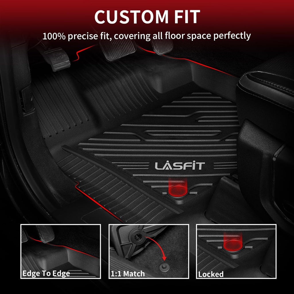 LASFIT Floor Mats for Ford F-150 2021-2026 | F150 Lightning 2022-2025 SuperCrew (Rear w/Fold Flat Storage) Carpet Floor All Weather Car Liners TPE Truck Mats - 1st and 2nd Row, 3pcs Black