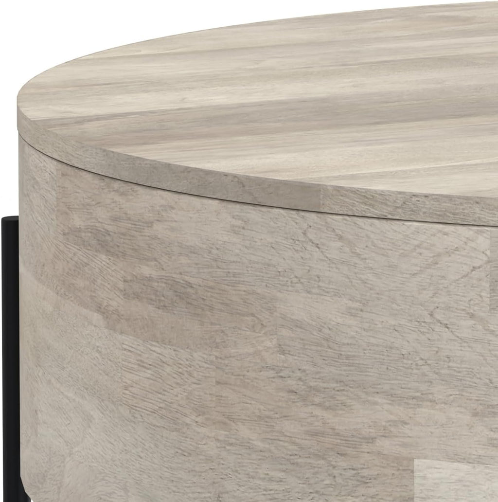 SIMPLIHOME Rayburn Drum Coffee Table - 38 inch Wide Solid Mango Wood Round Living Room Table in White Wash, Modern Urban Center Table for Family Room with Black Metal Legs and Large Surface