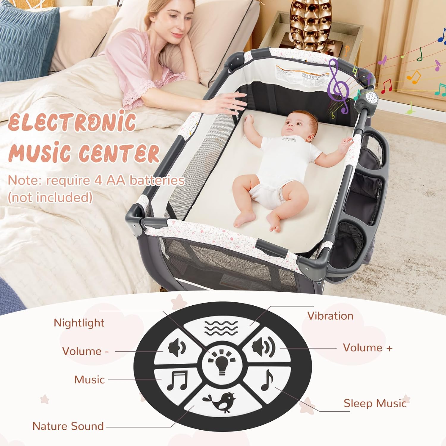 HONEY JOY Pack and Play, 4 in 1 Portable Baby Crib Playpen w/Bassinet, Changing Table, Canopy, Mattress, Music Box, Storage Bag, Foldable Pack and Play for Infant Boys Girls