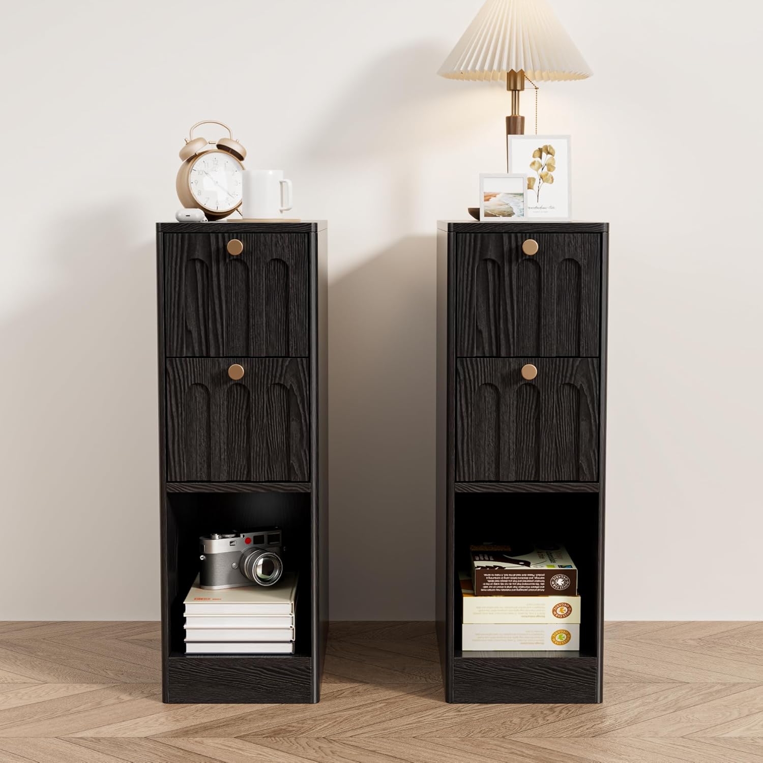 Black Small Nightstand Set of 2, Narrow Bedside Table with Arched Drawer, Wood Nightstand, Skinny Side End Table, Mid Century Modern Night Stand for Bedroom, Small Spaces, Slim, Boho