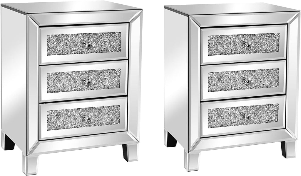 VINGLI Mirrored Nightstand Set of 2, Mirrored Side/End Table for Living Room, Glass Silver Nightstand, Crushed Glass Mirror Night Stand, Contemporary Night Table Mirror Bedroom Furniture Set