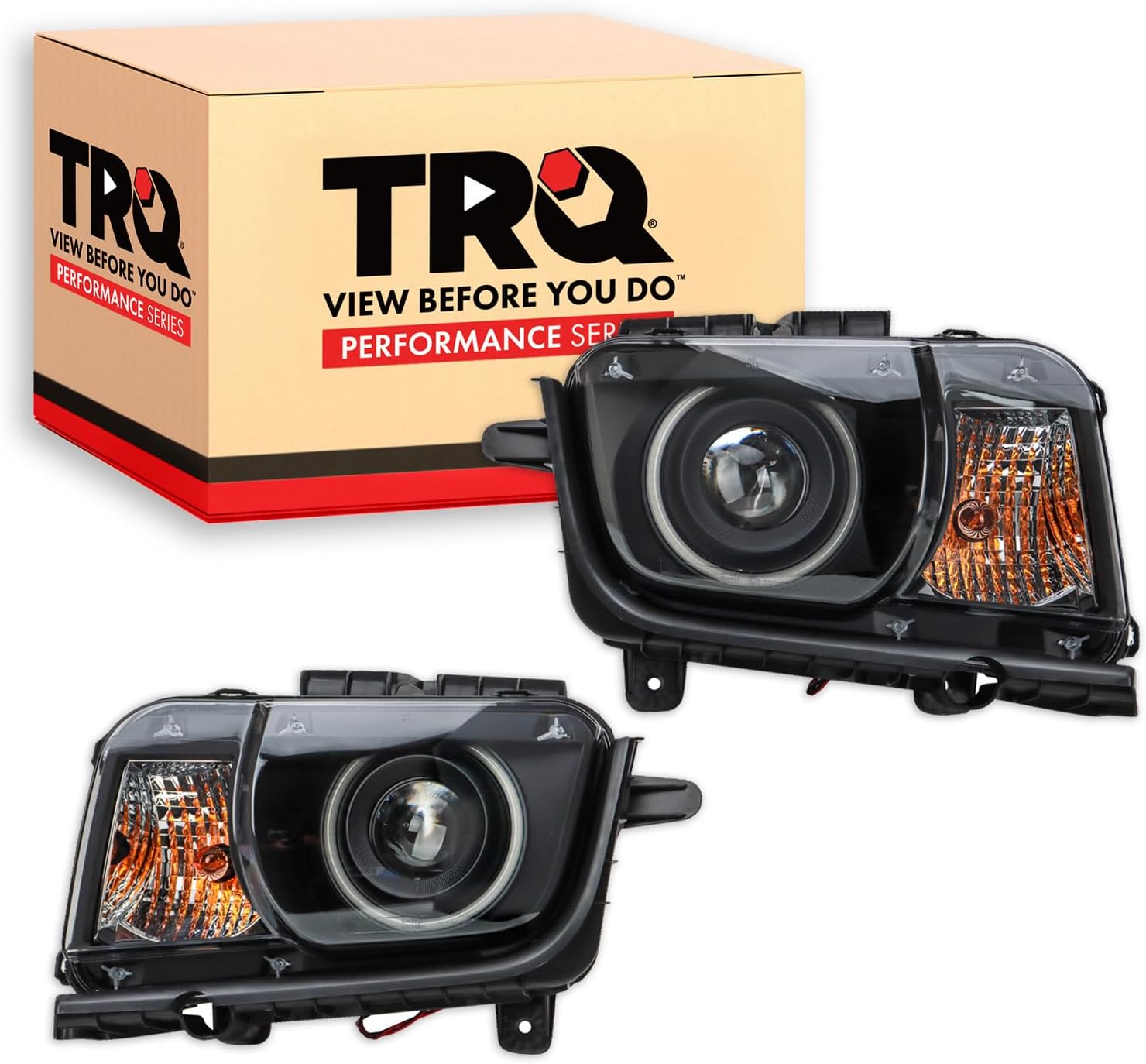 TRQ Performance Driver and Passenger Side Headlight Assembly Set Compatible with 10-13 Chevy Camaro Halogen Only