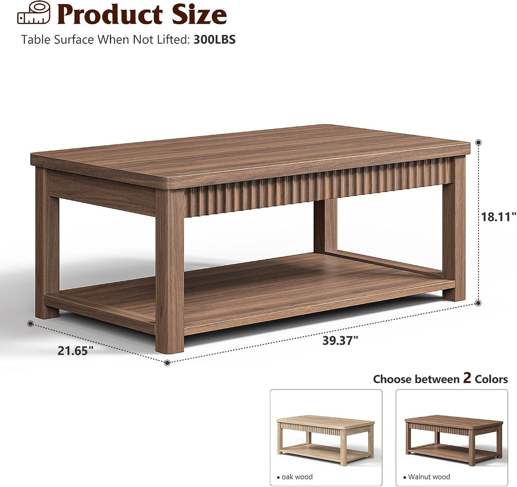 Homkdom Coffee Table, 39 Inch Modern Coffee Tables for Living Room with 2-Tier Storage & Wave-Edge, Walnut Center Table for Bedroom/Office