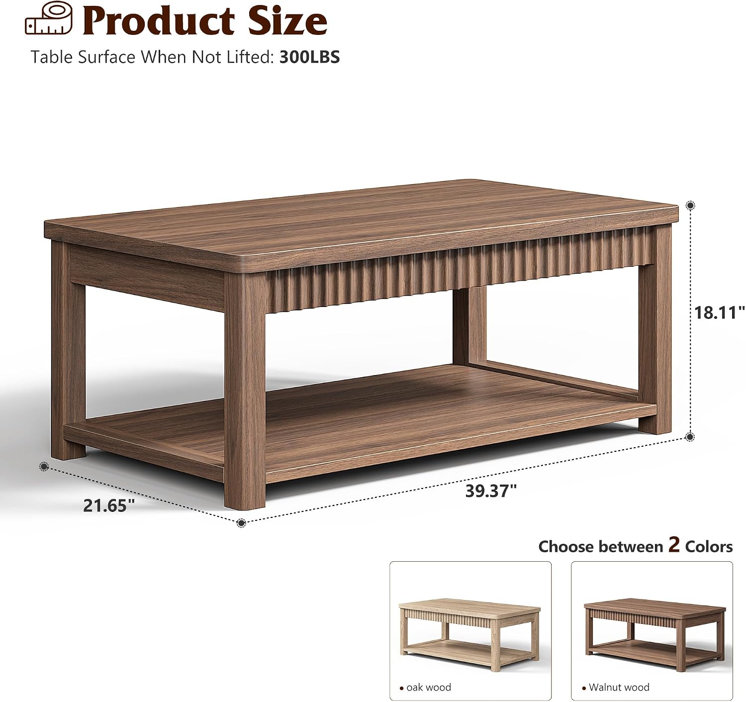 Homkdom Coffee Table, 39 Inch Modern Coffee Tables for Living Room with 2-Tier Storage & Wave-Edge, Walnut Center Table for Bedroom/Office