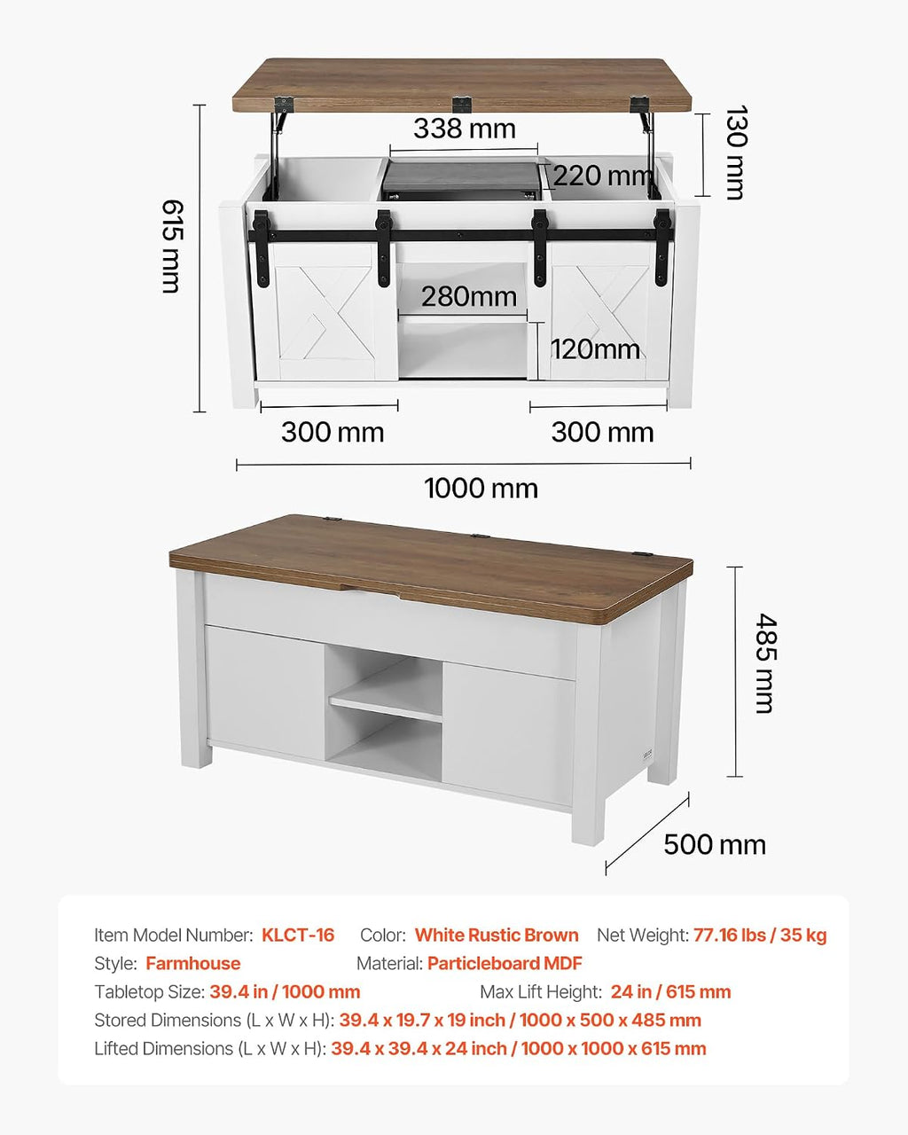 VEVOR 39.4 in Farmhouse Lift Top Coffee Table, Rustic Center Table with Barn Door and Hidden Storage Compartment, Modern Rectangle Lifting Tabletop for Living Room, Office, Home, Easy Assembly, White