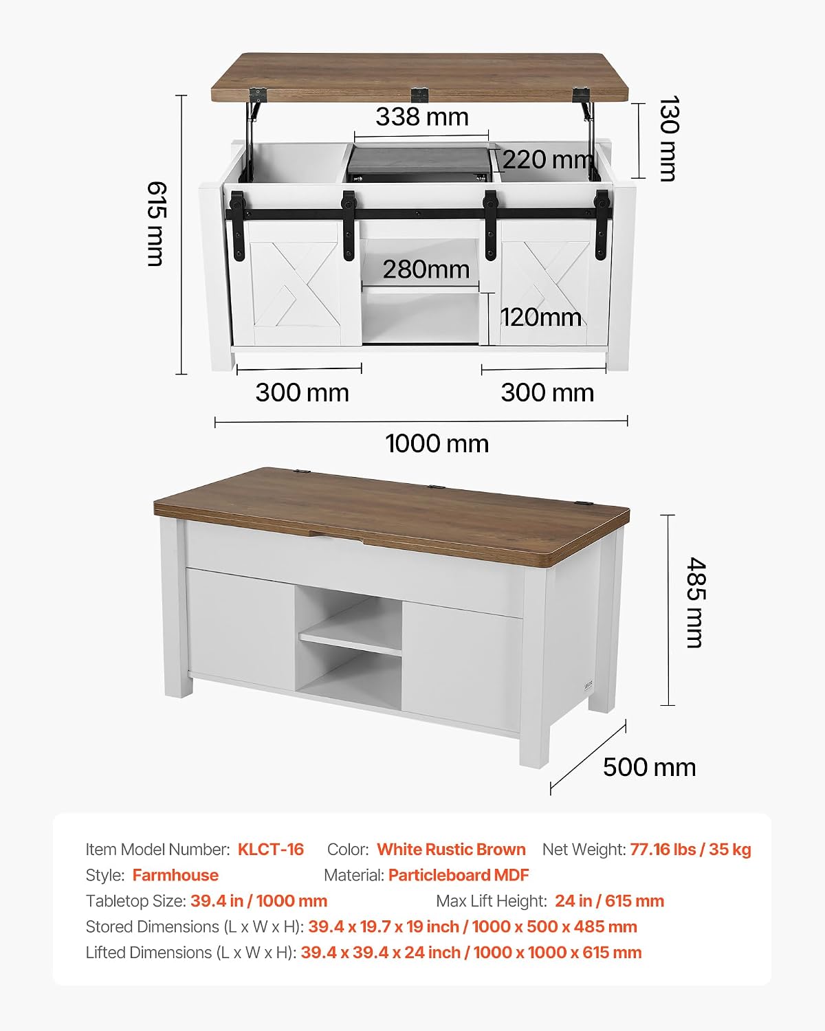 VEVOR 39.4 in Farmhouse Lift Top Coffee Table, Rustic Center Table with Barn Door and Hidden Storage Compartment, Modern Rectangle Lifting Tabletop for Living Room, Office, Home, Easy Assembly, White