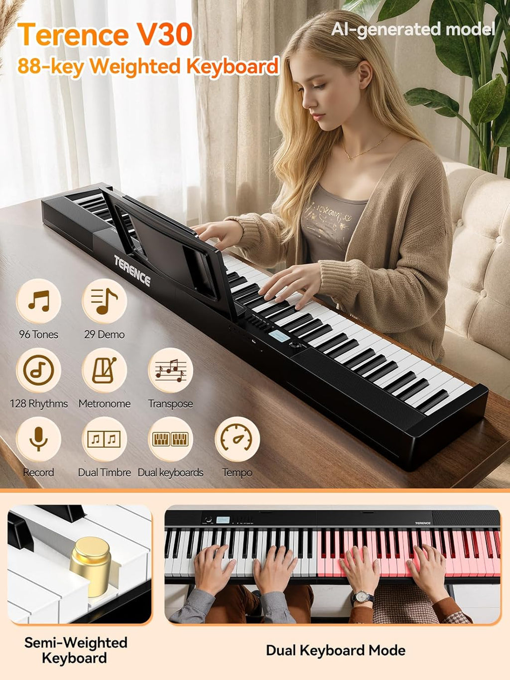 TERENCE V30 Portable Digital Piano 88 Key Weighted Keyboard Built-In 1800mAh Rechargeable Battery,Foldable Piano Keyboard with 2X5W Speakers,Music Stand,Sustain Pedal and Headphone for Beginners,Black