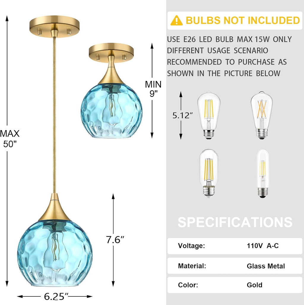 6.3' Blue Texture Glass Pendant Light 3 Pack Pendant Ceiling Light Fixture Gold Finish Modern Farmhouse Dinning Over Sink Adjustable Height Cord