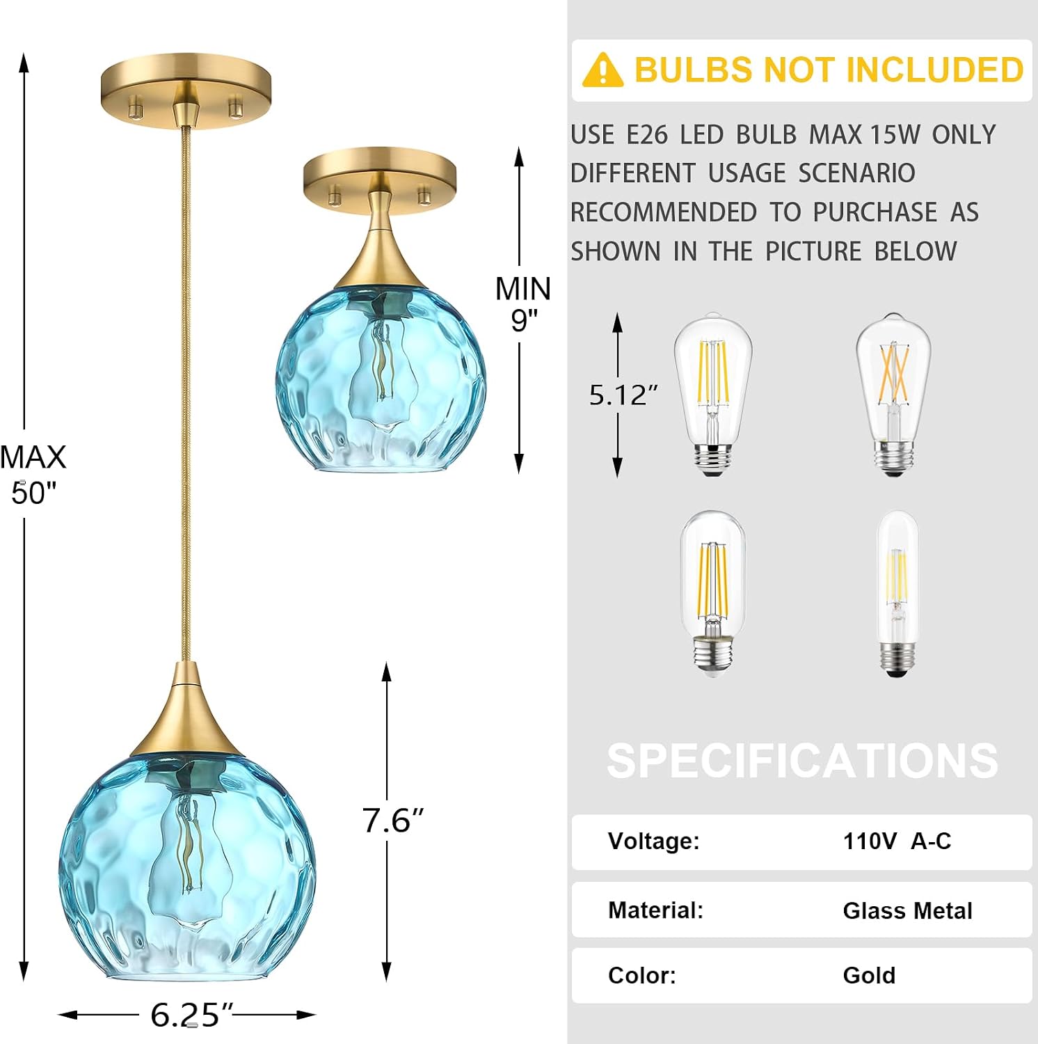 6.3' Blue Texture Glass Pendant Light 3 Pack Pendant Ceiling Light Fixture Gold Finish Modern Farmhouse Dinning Over Sink Adjustable Height Cord