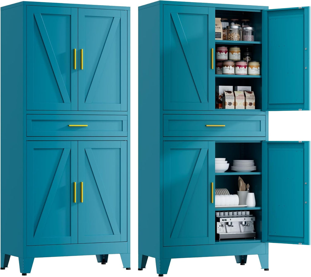 71' Tall Farmhouse Pantry Cabinet,Metal Cabinet with Adjustable Shelves and Doors,Storage Cabinet for Kitchen Garage,Blue 1 Pack