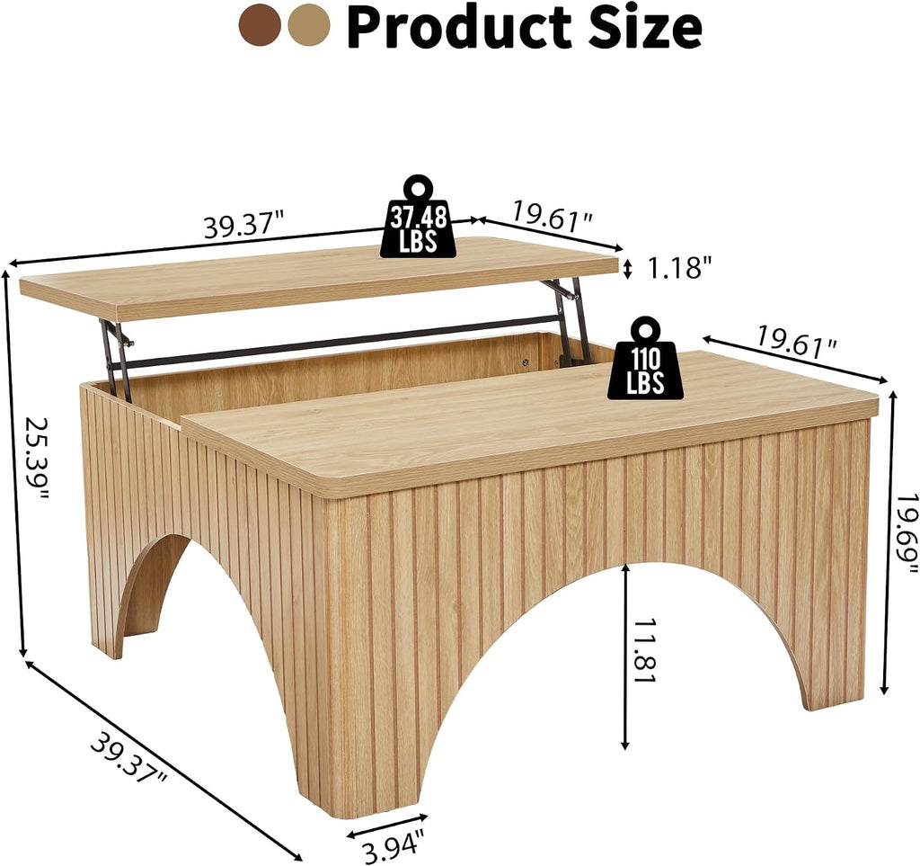Square Coffee Table, 39'' Large Lift Top Coffee Table with Flip-Top Hidden Compartment Farmhouse Fluted Center Table Wooden Tea Table for Living Room, Apartment, Office (Natural)