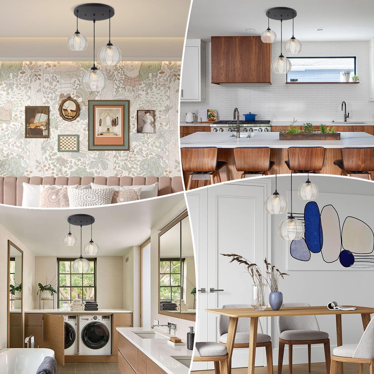 mid Century Pendant Lights Kitchen Island Chandelier Clear Black Pendant Light Pumpkin Design with Ribbed Glass Shade Modern Adjustable Cord Glass Ceiling Pendant Light Dining Room