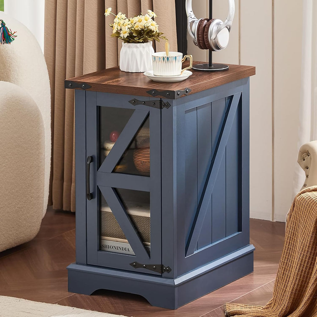 Joaxswe Farmhouse Coffee Table Sets 3 Pieces, Narrow Night Stand with Glass Barn Door Storage, Large Coffee Tables with Hidden Storage Organizer, Wood Furniture Sets for Living Room, Office, Blue