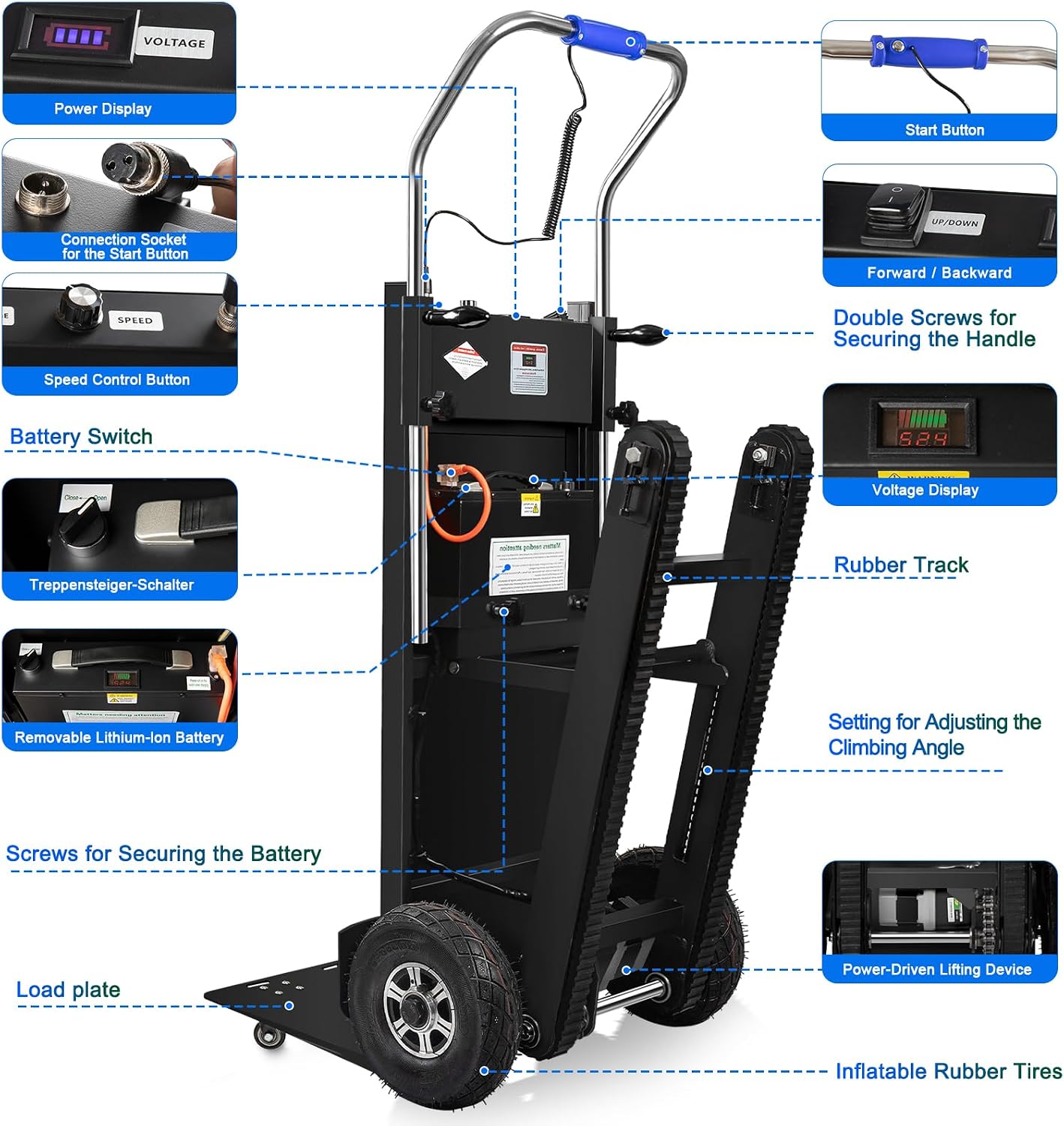 Electric Stair Climbing Dolly, 1250W Electric Stair Climbing Hand Truck, 900lbs Max Load Capacity, 3 Mode Folding Stair Climber Hand Trucks with Telescopic Handle for Moving (Black/Big Wheel)