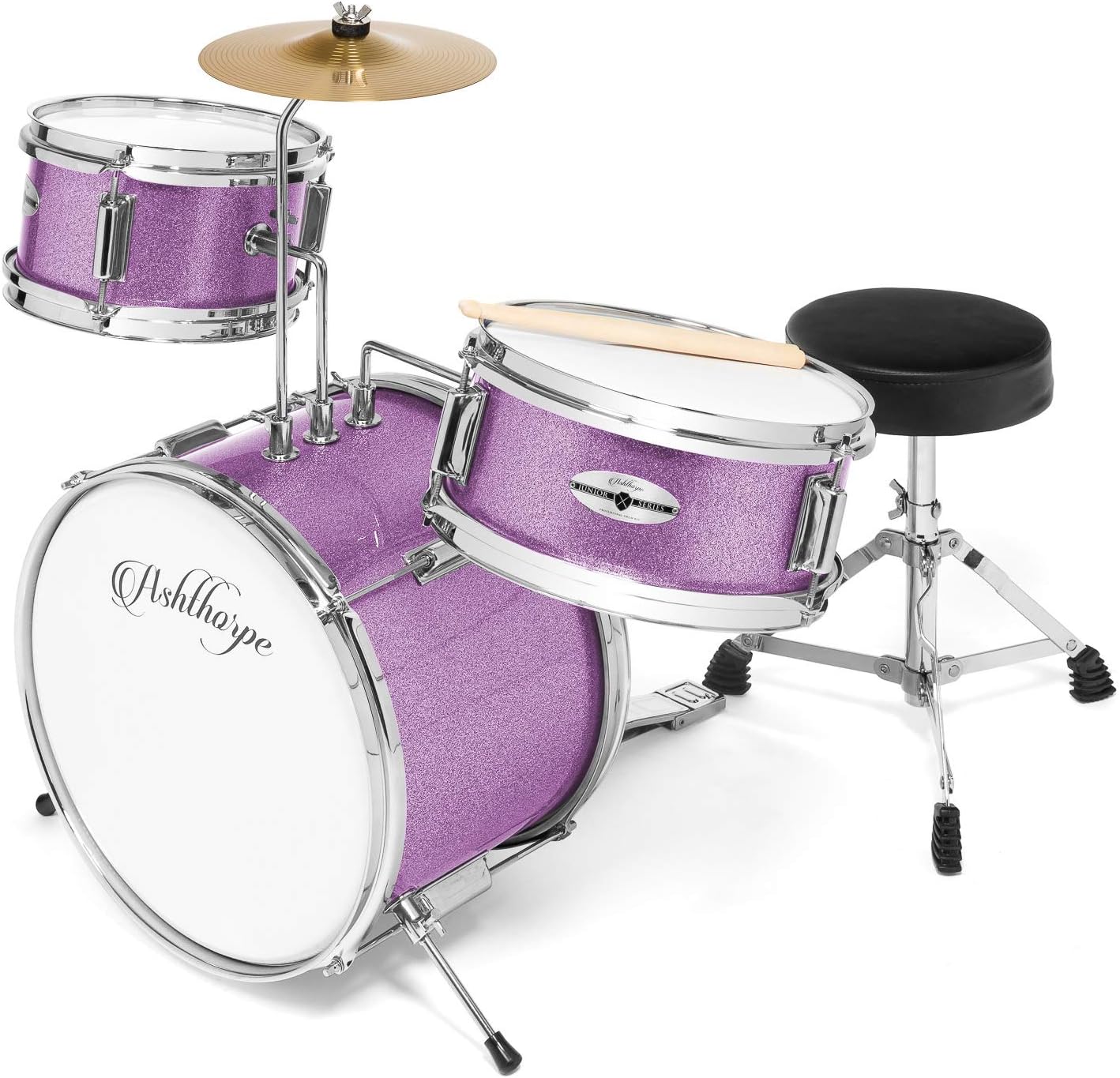 Ashthorpe 3-Piece Complete Drum Set - Beginner Kit with 14' Bass, Adjustable Throne, Cymbal, Pedal & Drumsticks - Purple