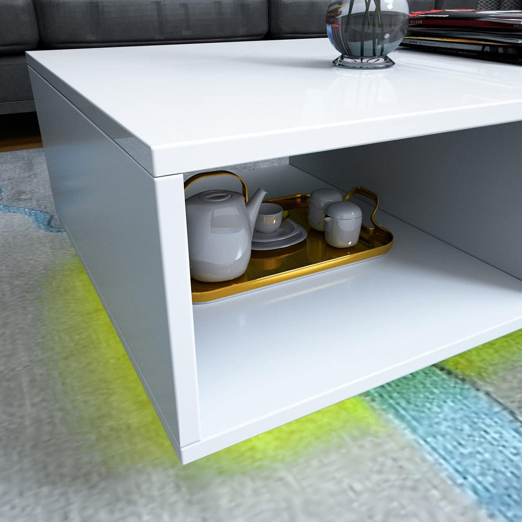 COSVALVE Modern White LED Coffee Tables for Living Room with Drawer & 16-Color LED Lights, Rectangle Living Room Sofa Table with Ample Storage Space(23.6' D x 43.3' W x 15.7' H)