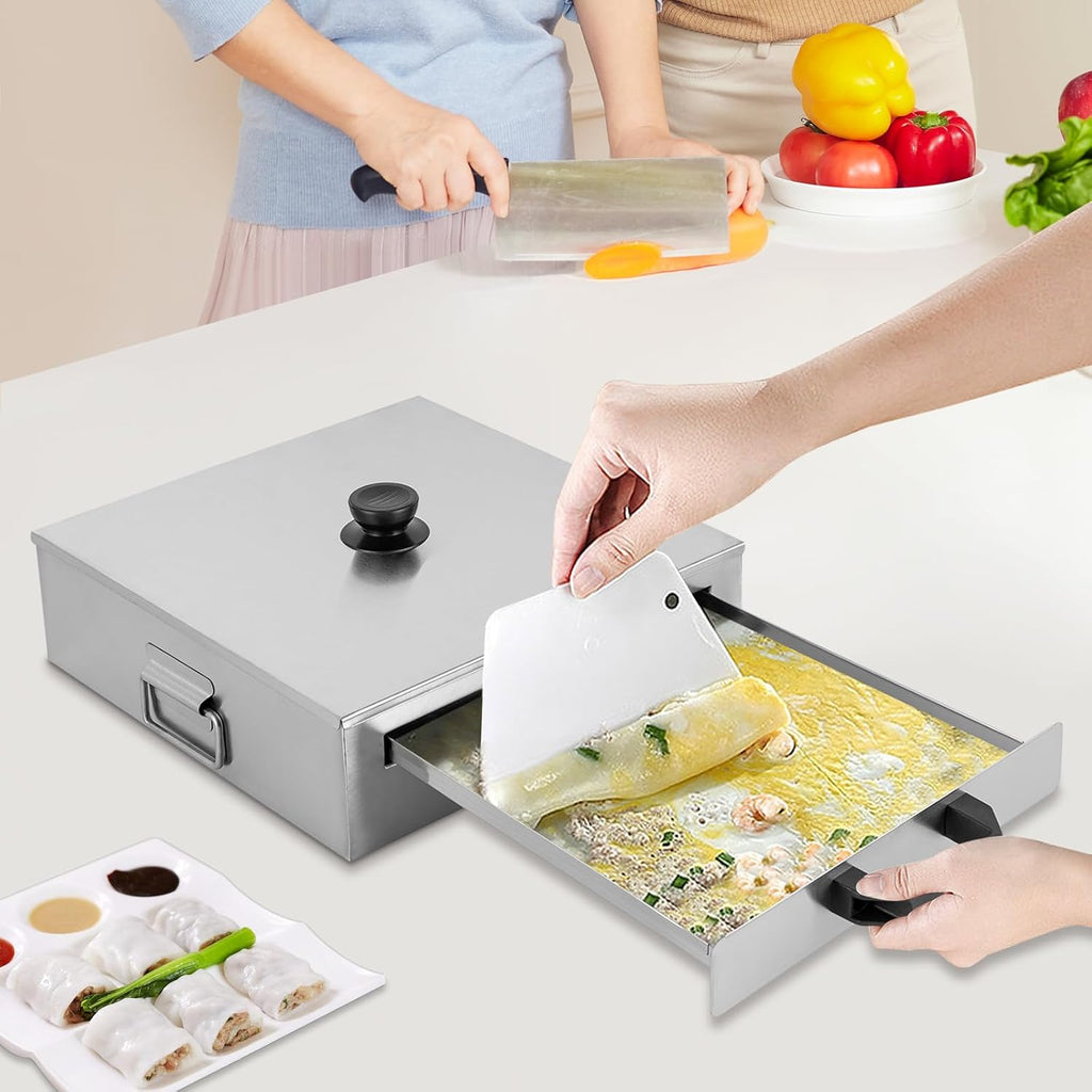 Stainless Steel Rice Noodle Roll Steamer for Hong Kong Cantonese Cuisine, 2 Trays, 12.6'x12.2'x3.74', Perfect for Asian Cooking, Durable and Easy to Clean