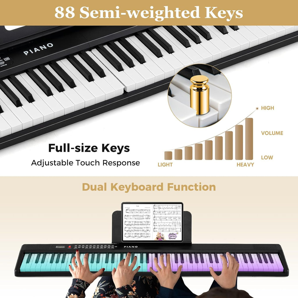 Costzon 88 Key Folding Piano Keyboard, Portable Full Size Semi-Weighted Electric Digital Piano with Lighted Keys, MIDI, Microphone, Music Stand, Sustain Pedal & Carrying Bag for Beginners Teens Adults