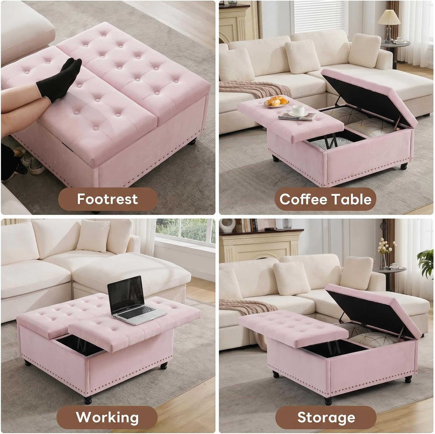 Tbfit Large Square Storage Ottoman Bench, Tufted Upholstered Coffee Table Ottoman with Lift Top & Wooden Legs, Oversized Storage Ottomans Toy Box for Living Room (Pink)