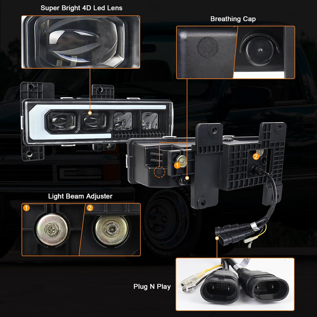 MOVOTOR LED Headlight Assembly 500% Bright Anti-glare Headlights with Welcome DRL Turn Signal Compatible with 1988-1998 Chevy GMC C/K 1500 2500 3500 Suburban Silverado Tahoe Yukon