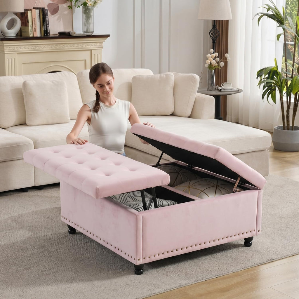 Tbfit Large Square Storage Ottoman Bench, Tufted Upholstered Coffee Table Ottoman with Lift Top & Wooden Legs, Oversized Storage Ottomans Toy Box for Living Room (Pink)