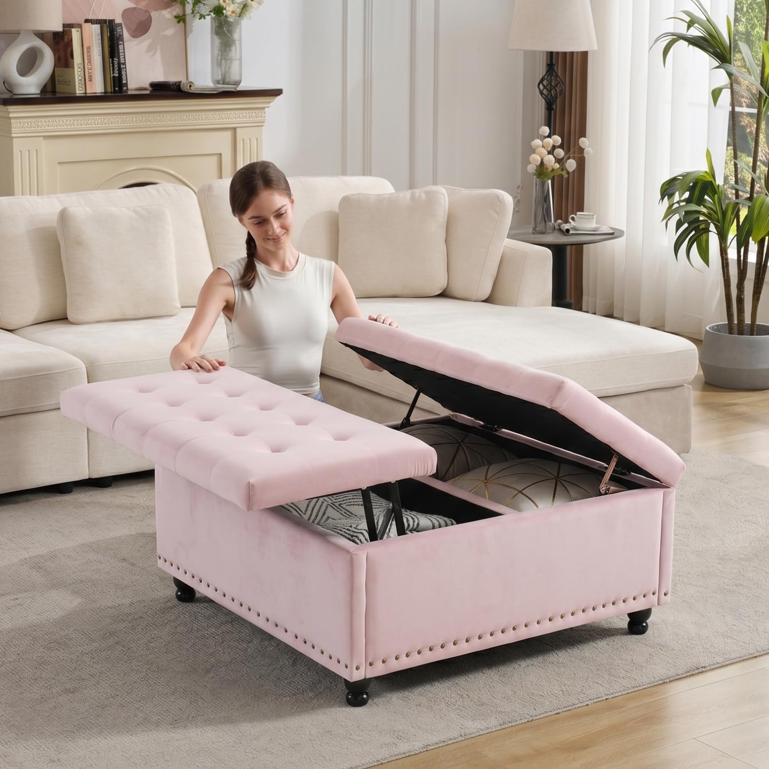Tbfit Large Square Storage Ottoman Bench, Tufted Upholstered Coffee Table Ottoman with Lift Top & Wooden Legs, Oversized Storage Ottomans Toy Box for Living Room (Pink)