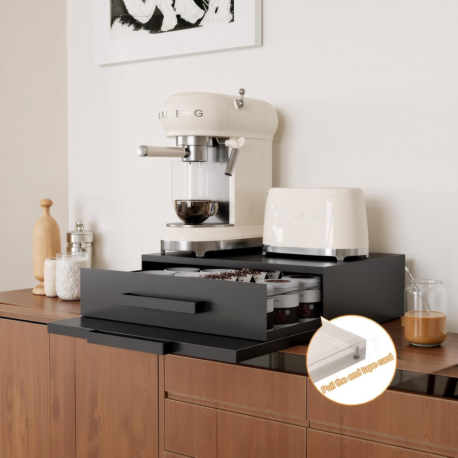Steel Microwave Stand with Pull-Out Drawers and Shelves, Black | for Coffee Station & Appliance Storage | Heavy-Duty 100lbs Capacity | Space-Saving Design